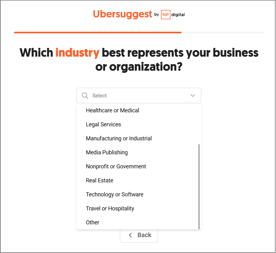 あなたの組織（または活動）は、どの業界に最も当てはまりますか？という内容を英語で書かれている画面