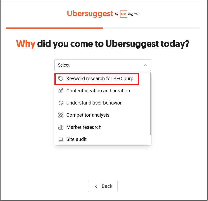 Keyword research（キーワードリサーチ）を選択する画面