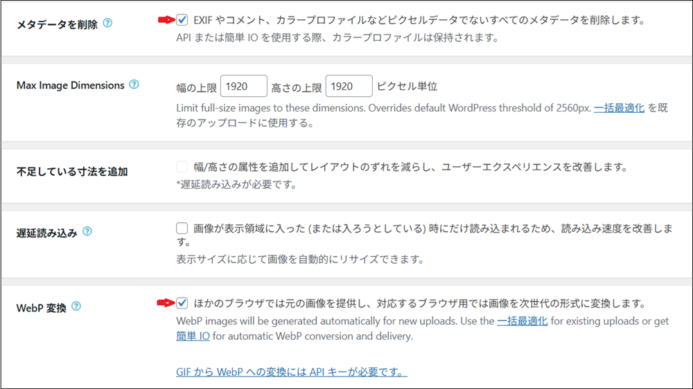 メタデータを削除にチェックを入れ、WebP変換にチェックをいれた画面