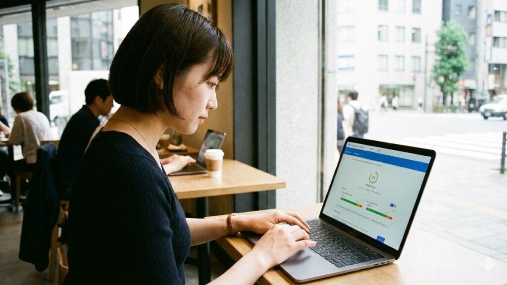 pagespeed insightsで表示速度をチェックする女性の画像