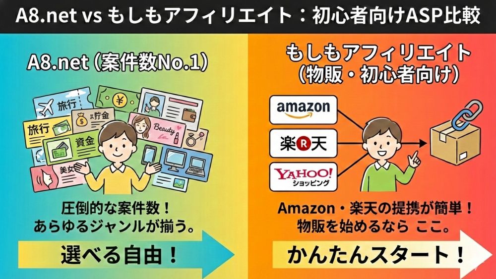 A8.netともしもアフィリエイトとの違いの図解