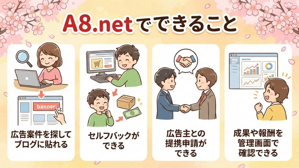 A8.netでできることを説明した図解