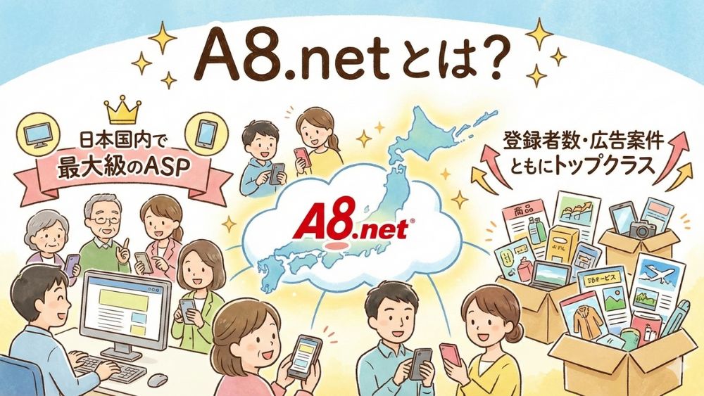 A8.netとは？A8.netは、日本国内でも最大級のASPで、登録者数・広告案件数ともにトップクラスというイメージ画像