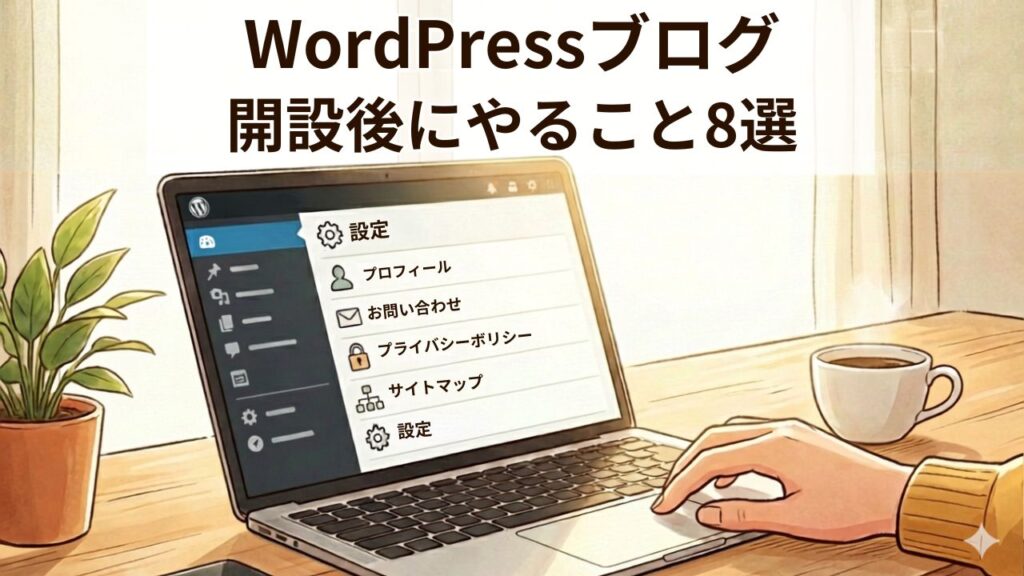 WordPressブログ開設後にやること８選というタイトルのアイキャッチ画像
