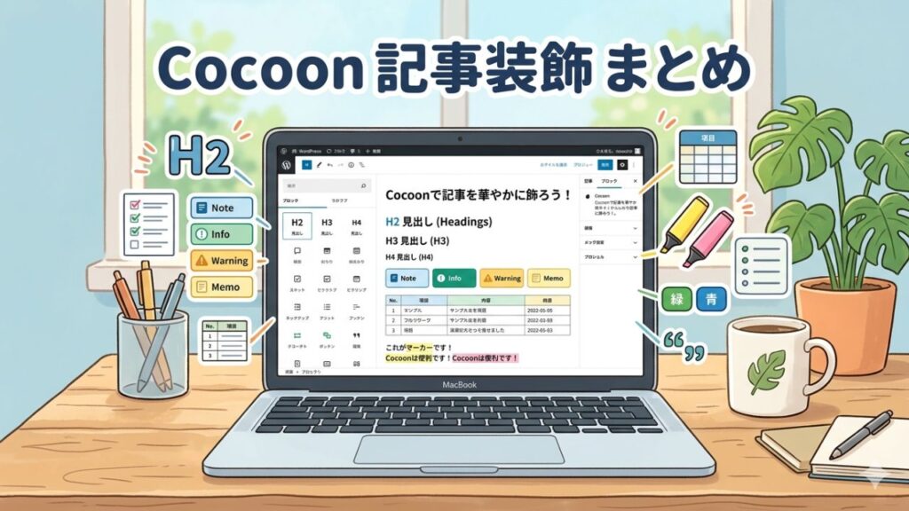 【初心者向け】Cocoonの記事装飾まとめ｜見出し・目次・ボックス・表の使い方の記事のアイキャッチ画像