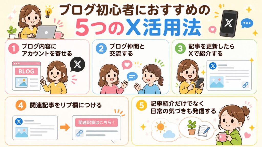 ブログ初心者におすすめの5つのX活用法の図解