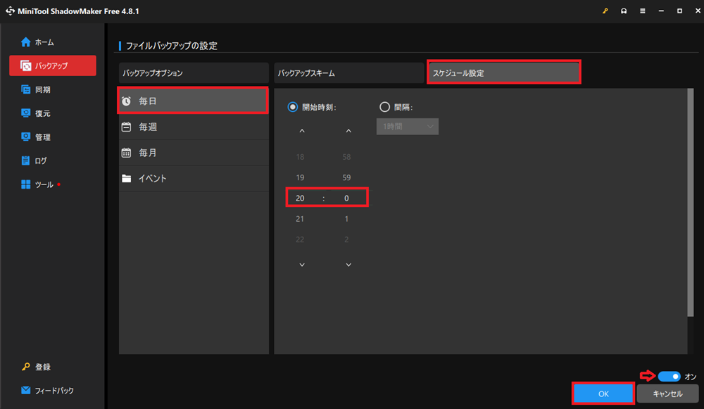 毎日20時に自動バックアップを実行するよう設定する画面