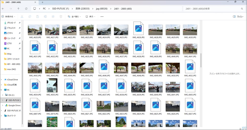 SSDの中に写真ファイルが並んでいる画面