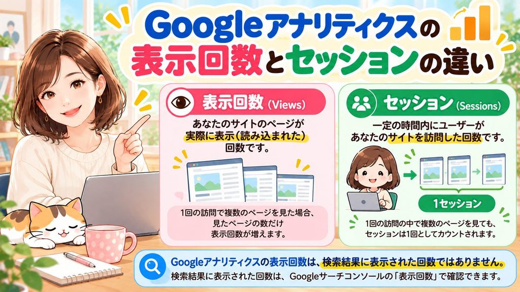 Googleアナリティクスの表示回数とセッションの違いの図解