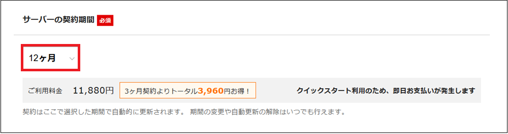 サーバー契約期間を12ヶ月に選択する画面
