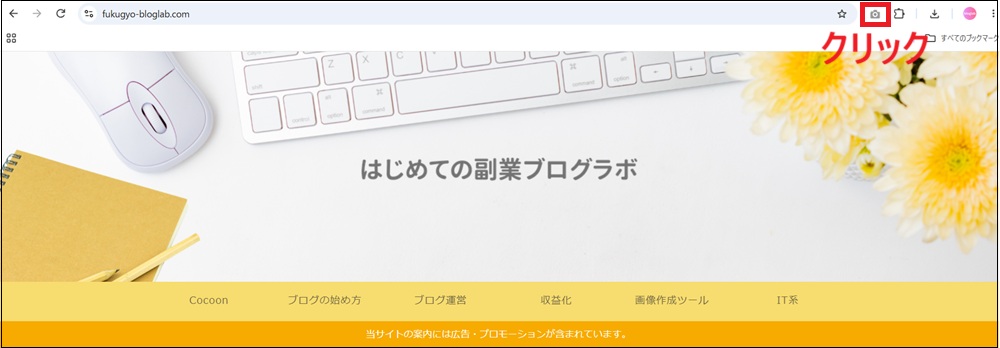 GoFullPageのカメラアイコンをクリックする画面