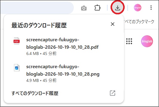 最近のダウンロード履歴の画面